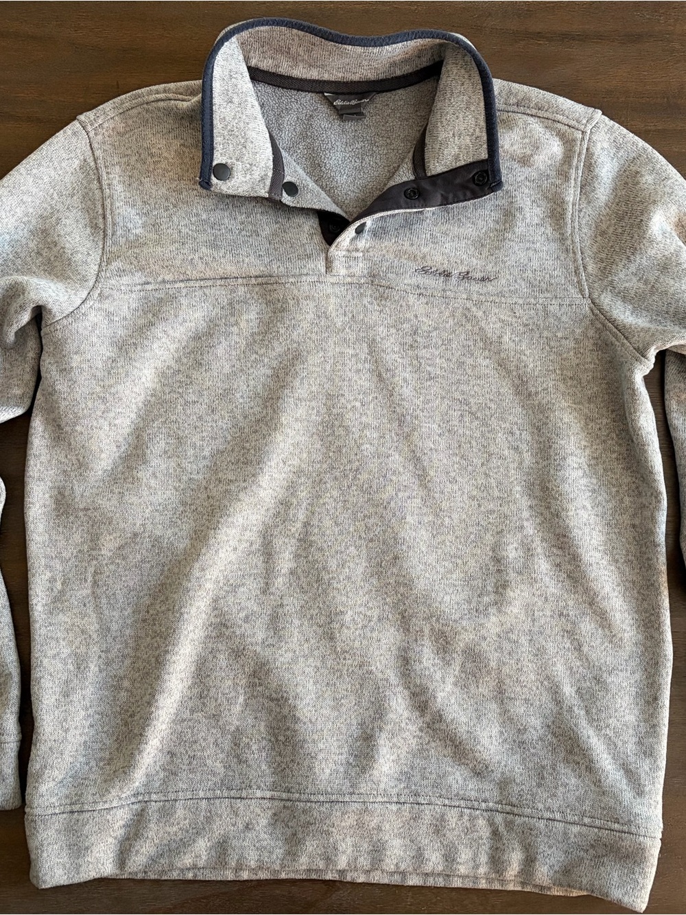 Eddie Bauer Light Gray Snap-Button Stand Collar Pullover